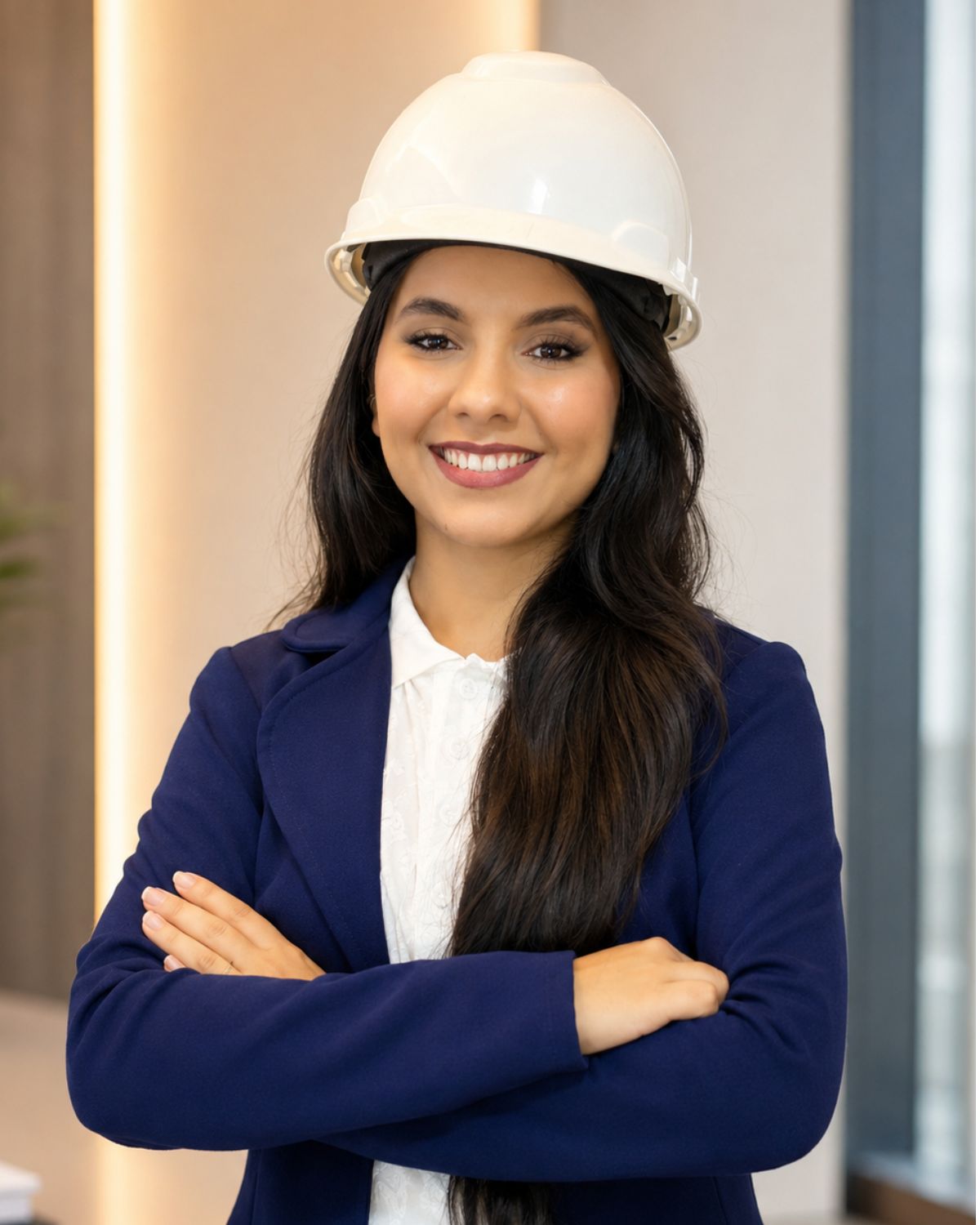 Laura Nóbrega, engenheira civil, de capacete de obra branco e blazer azul, sorrindo em ambiente de escritório